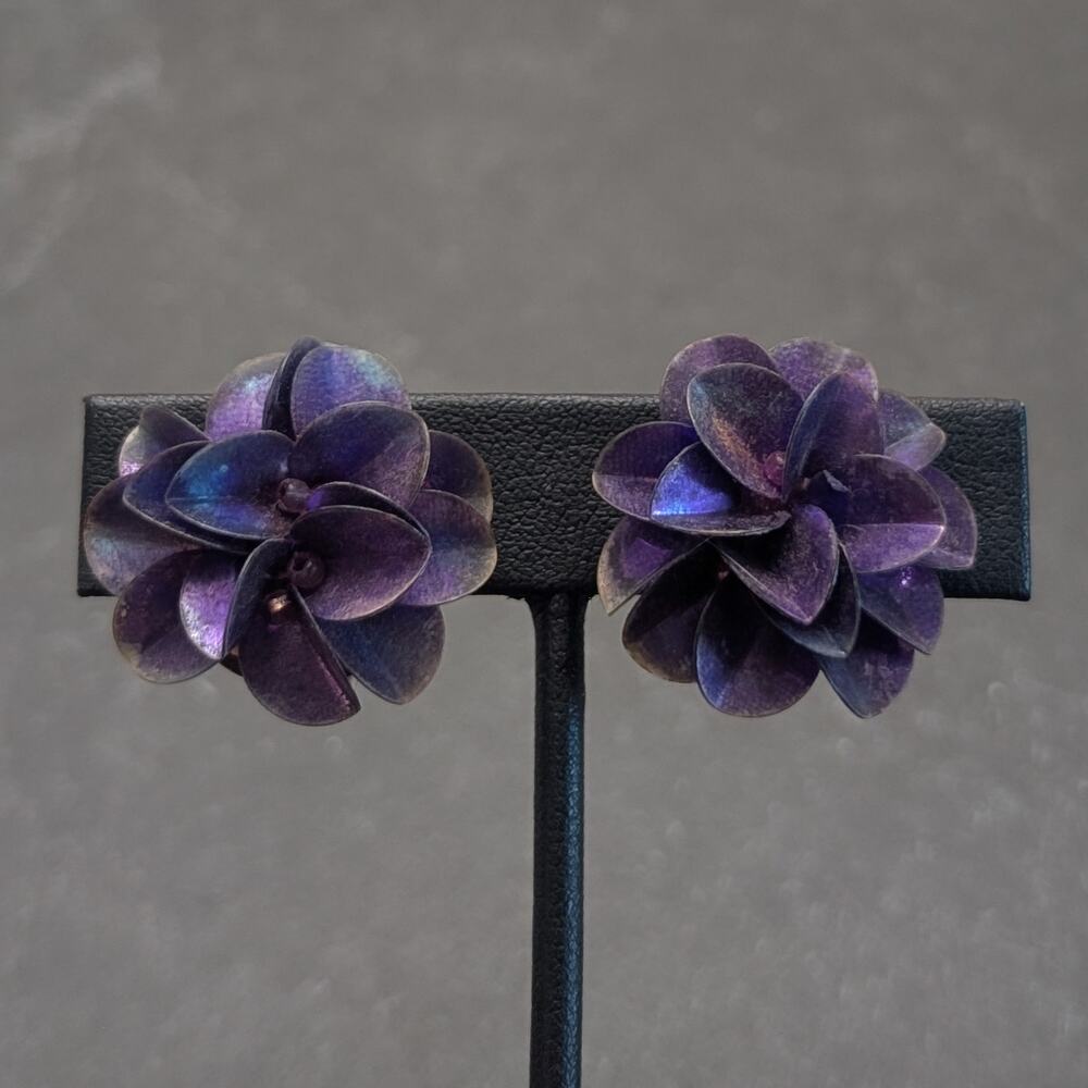 Vintage Clip On Earrings 3D Whimsical Purple Flower - Condition Issues